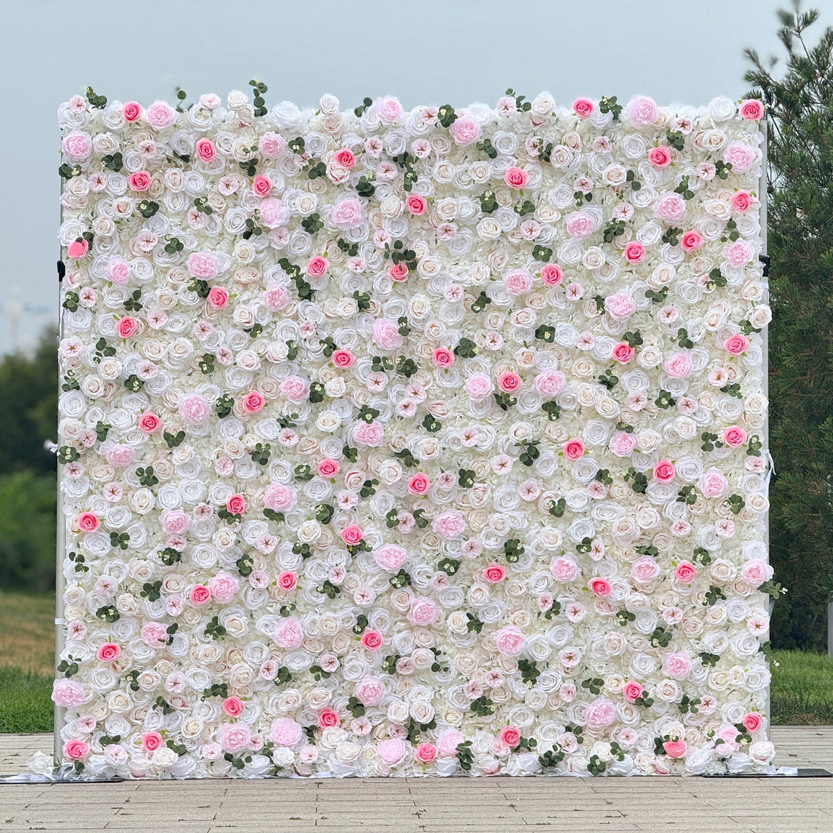 Romantic Pink And White Artificial Rose Backdrop With Eucalyptus - Perfect For Weddings And Proposals and Outdoor Events and Photography | VF-824