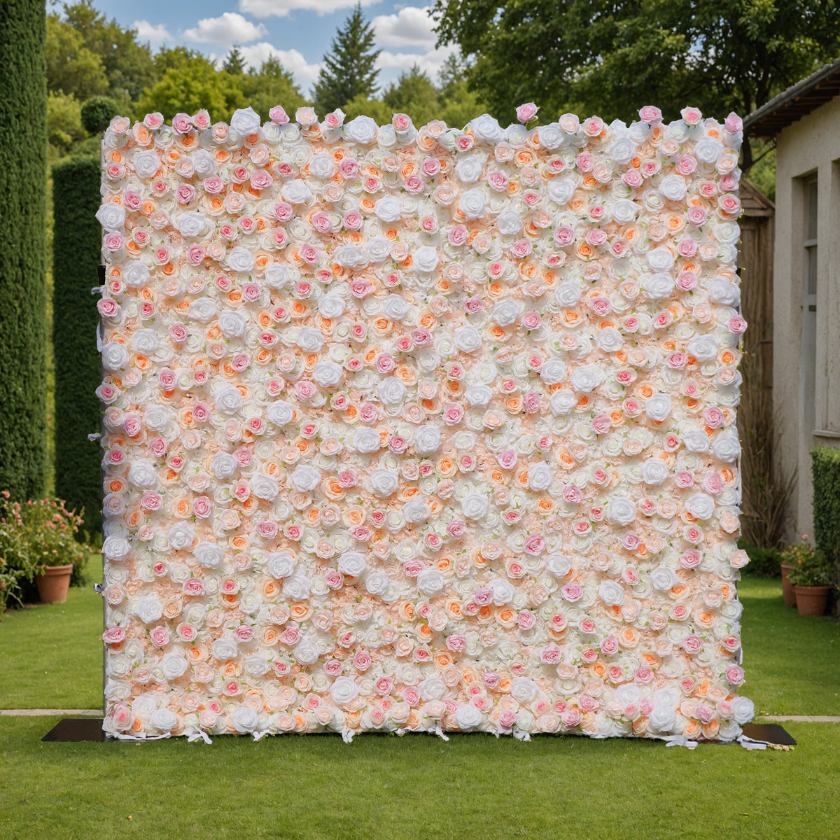 Artificial Floral Backdrop with Mixed Peach Pink and White Roses - Perfect for Garden Weddings and Outdoor Events and Photography | VF-823