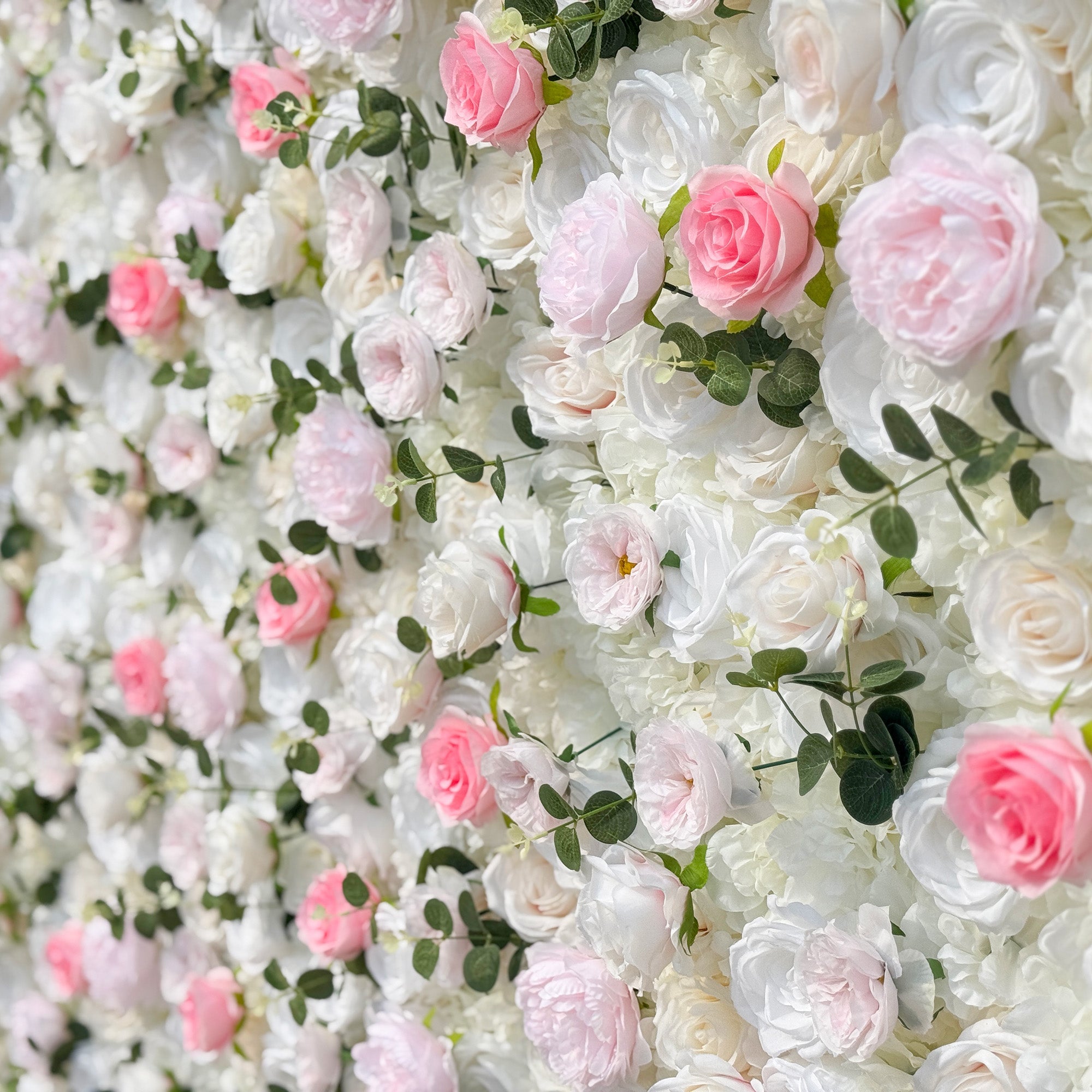Romantic Pink And White Artificial Rose Backdrop With Eucalyptus - Perfect For Weddings And Proposals and Outdoor Events and Photography | VF-824