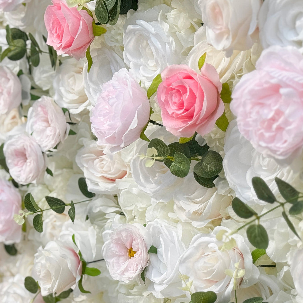 Romantic Pink And White Artificial Rose Backdrop With Eucalyptus - Perfect For Weddings And Proposals and Outdoor Events and Photography | VF-824