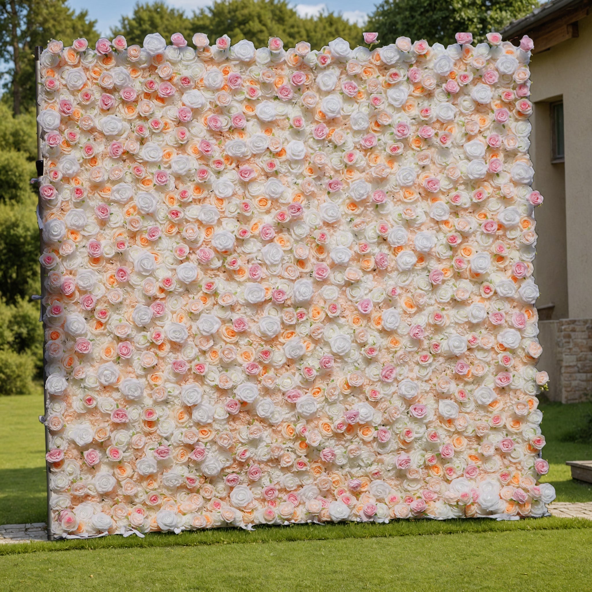 Artificial Floral Backdrop with Mixed Peach Pink and White Roses - Perfect for Garden Weddings and Outdoor Events and Photography | VF-823