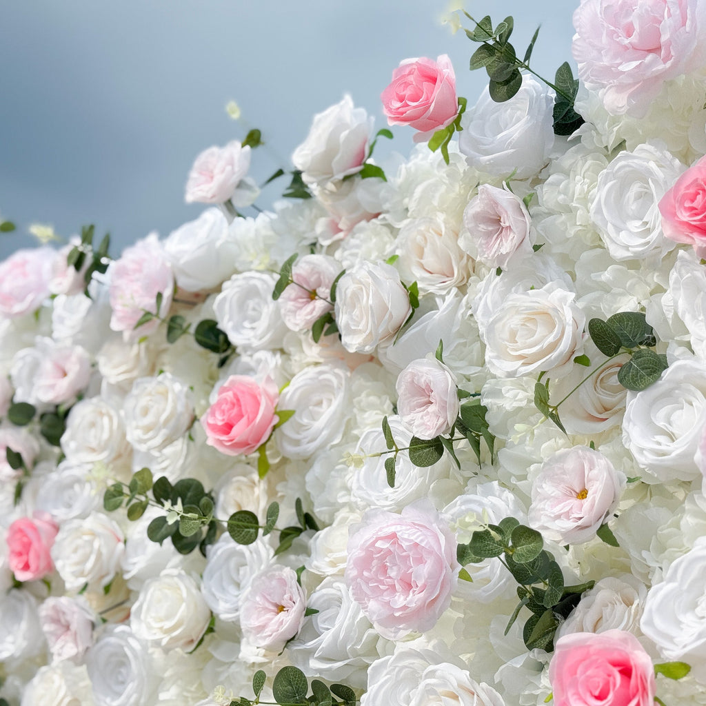 Romantic Pink And White Artificial Rose Backdrop With Eucalyptus - Perfect For Weddings And Proposals and Outdoor Events and Photography | VF-824