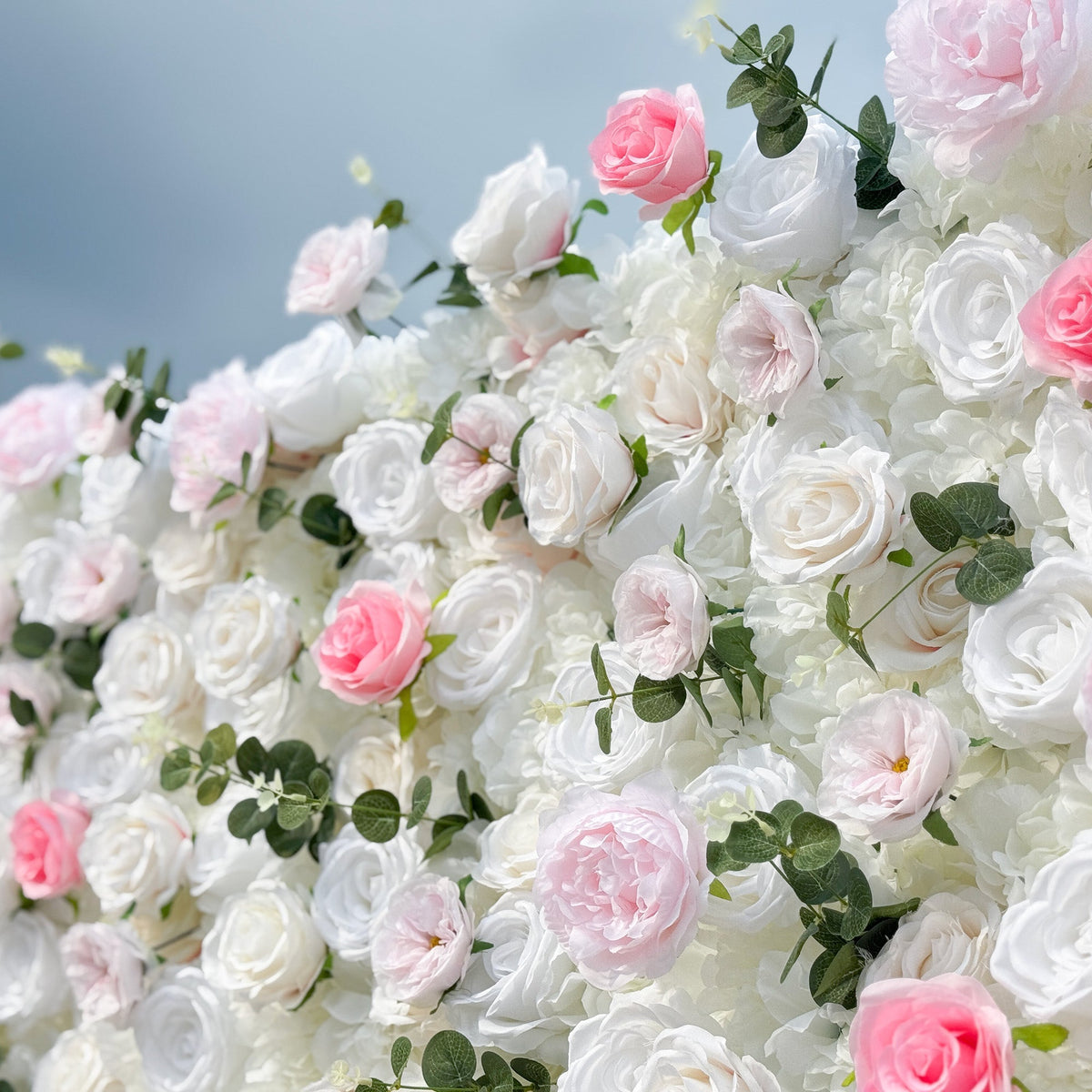 Romantic Pink And White Artificial Rose Backdrop With Eucalyptus - Perfect For Weddings And Proposals and Outdoor Events and Photography | VF-824