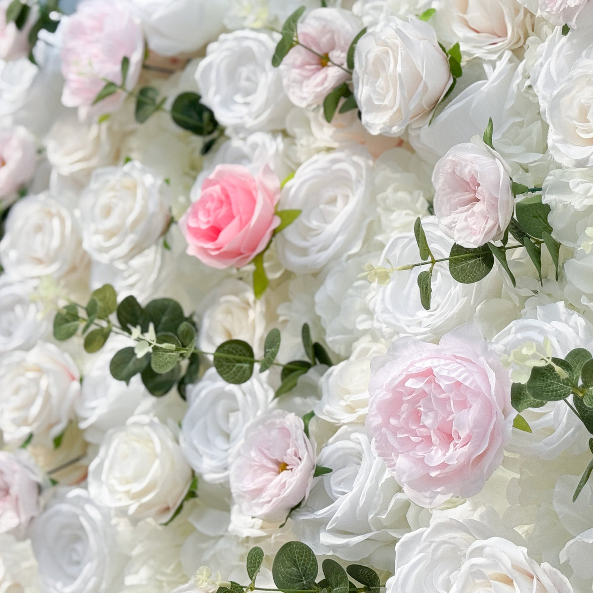 Romantic Pink And White Artificial Rose Backdrop With Eucalyptus - Perfect For Weddings And Proposals and Outdoor Events and Photography | VF-824
