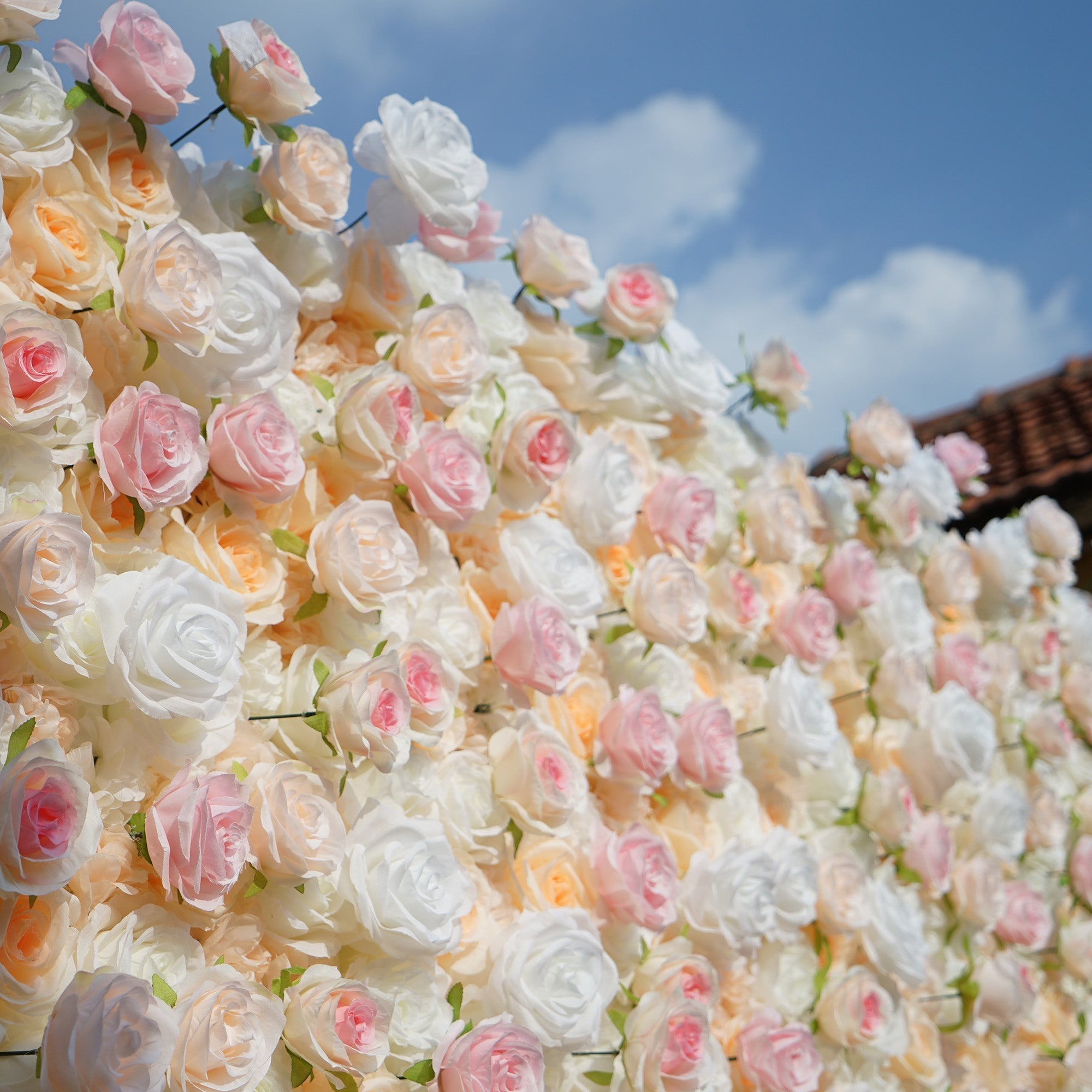 Artificial Floral Backdrop with Mixed Peach Pink and White Roses - Perfect for Garden Weddings and Outdoor Events and Photography | VF-823