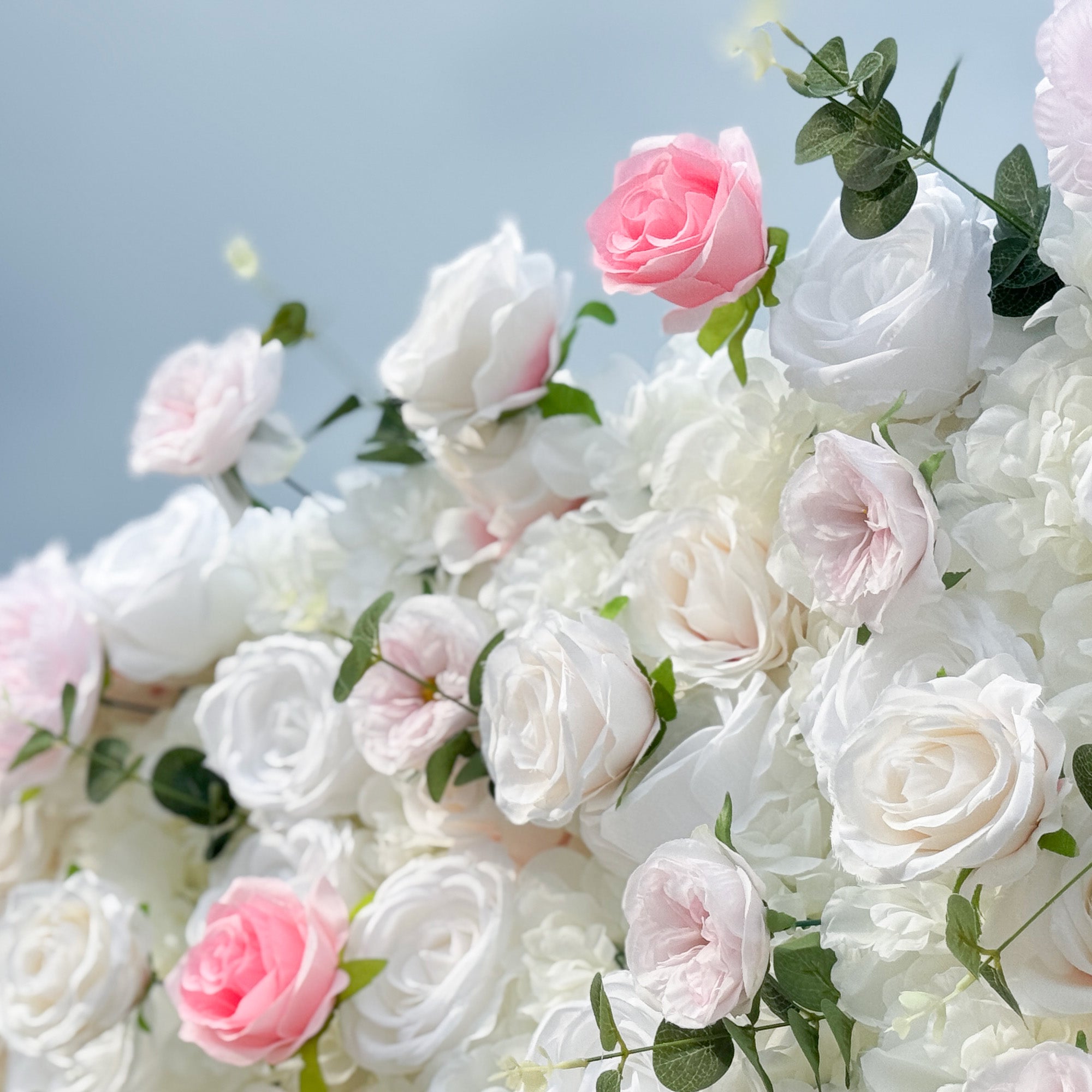 Romantic Pink And White Artificial Rose Backdrop With Eucalyptus - Perfect For Weddings And Proposals and Outdoor Events and Photography | VF-824