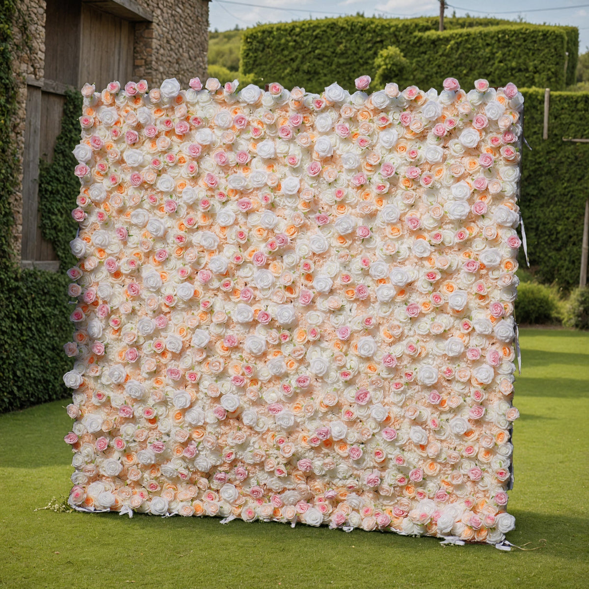 Artificial Floral Backdrop with Mixed Peach Pink and White Roses - Perfect for Garden Weddings and Outdoor Events and Photography | VF-823