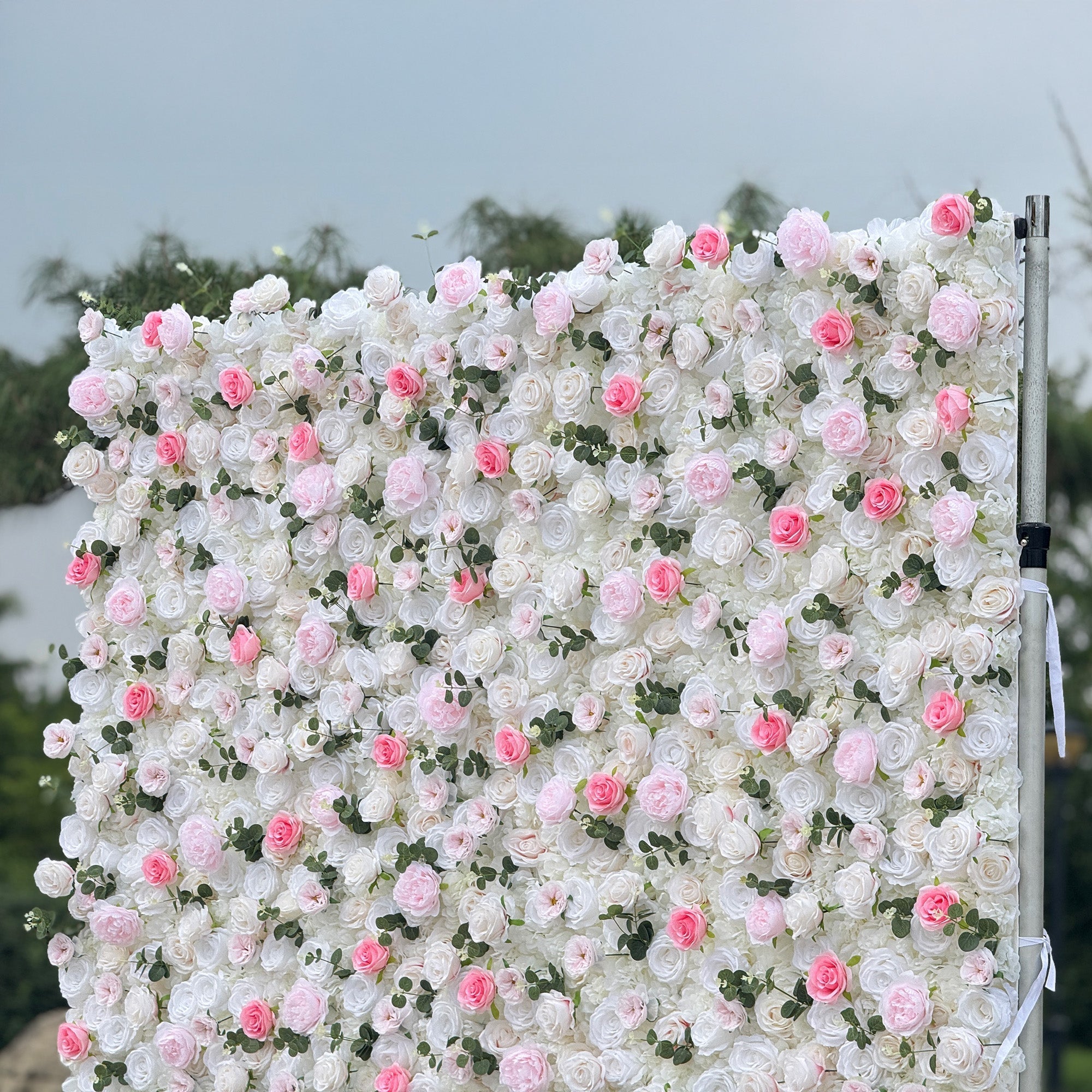 Romantic Pink And White Artificial Rose Backdrop With Eucalyptus - Perfect For Weddings And Proposals and Outdoor Events and Photography | VF-824