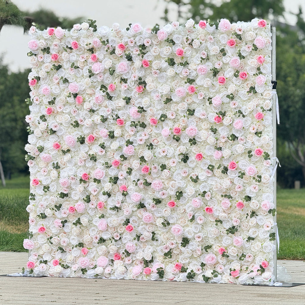 Romantic Pink And White Artificial Rose Backdrop With Eucalyptus - Perfect For Weddings And Proposals and Outdoor Events and Photography | VF-824