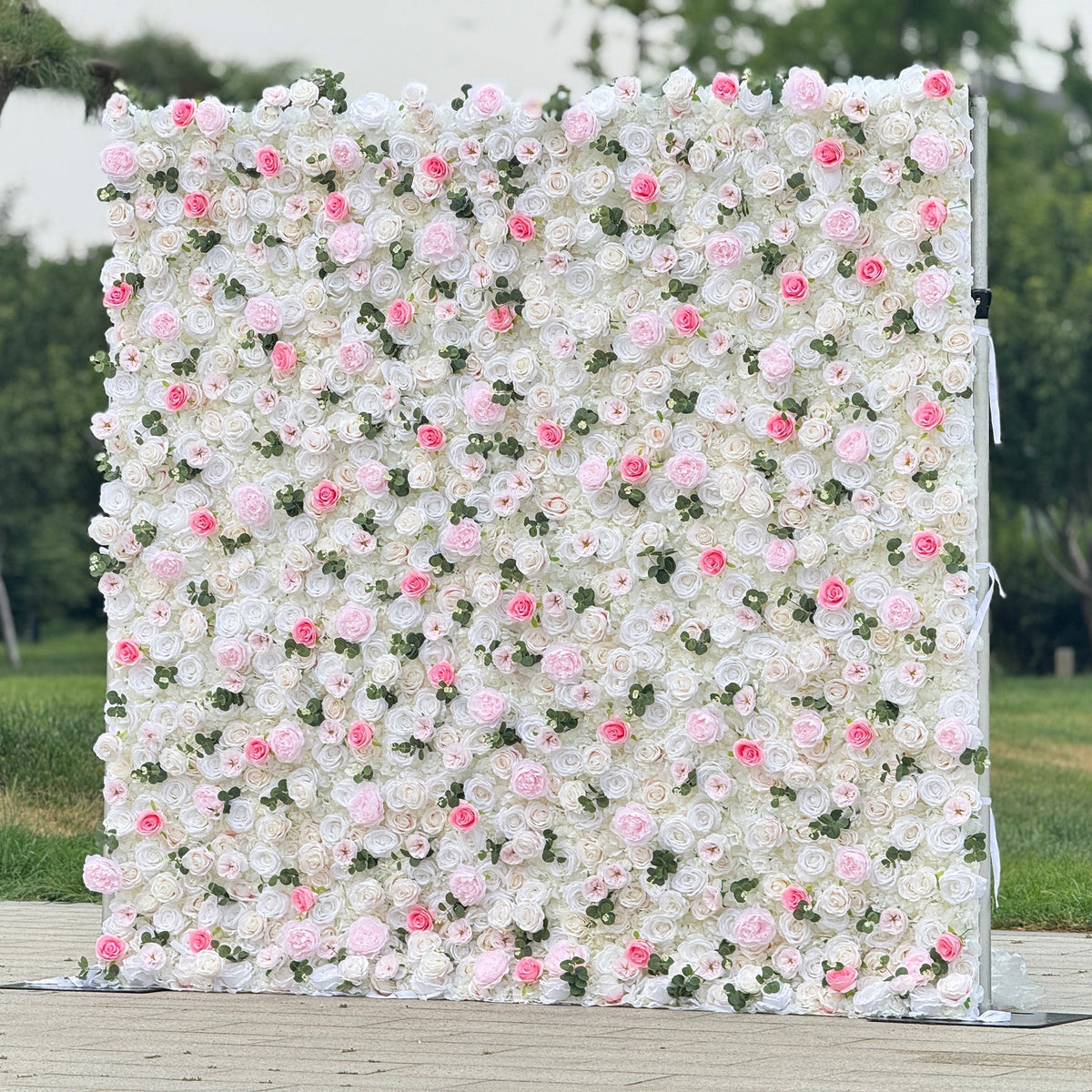 Romantic Pink And White Artificial Rose Backdrop With Eucalyptus - Perfect For Weddings And Proposals and Outdoor Events and Photography | VF-824