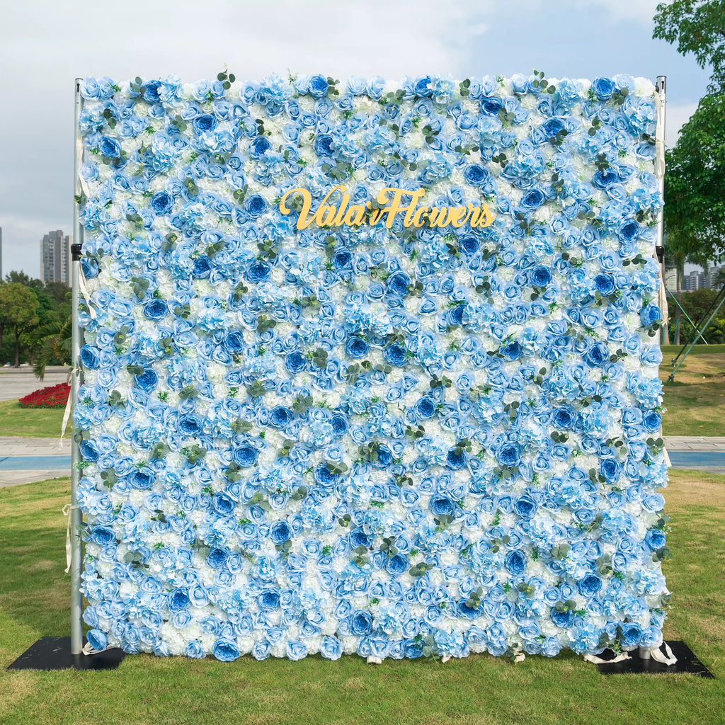 Azure Adoration: An Enchanting Ballet of Mixed Baby Blue and White Green Flower Blooms and Whispering Waves Floral Wall | VF-067