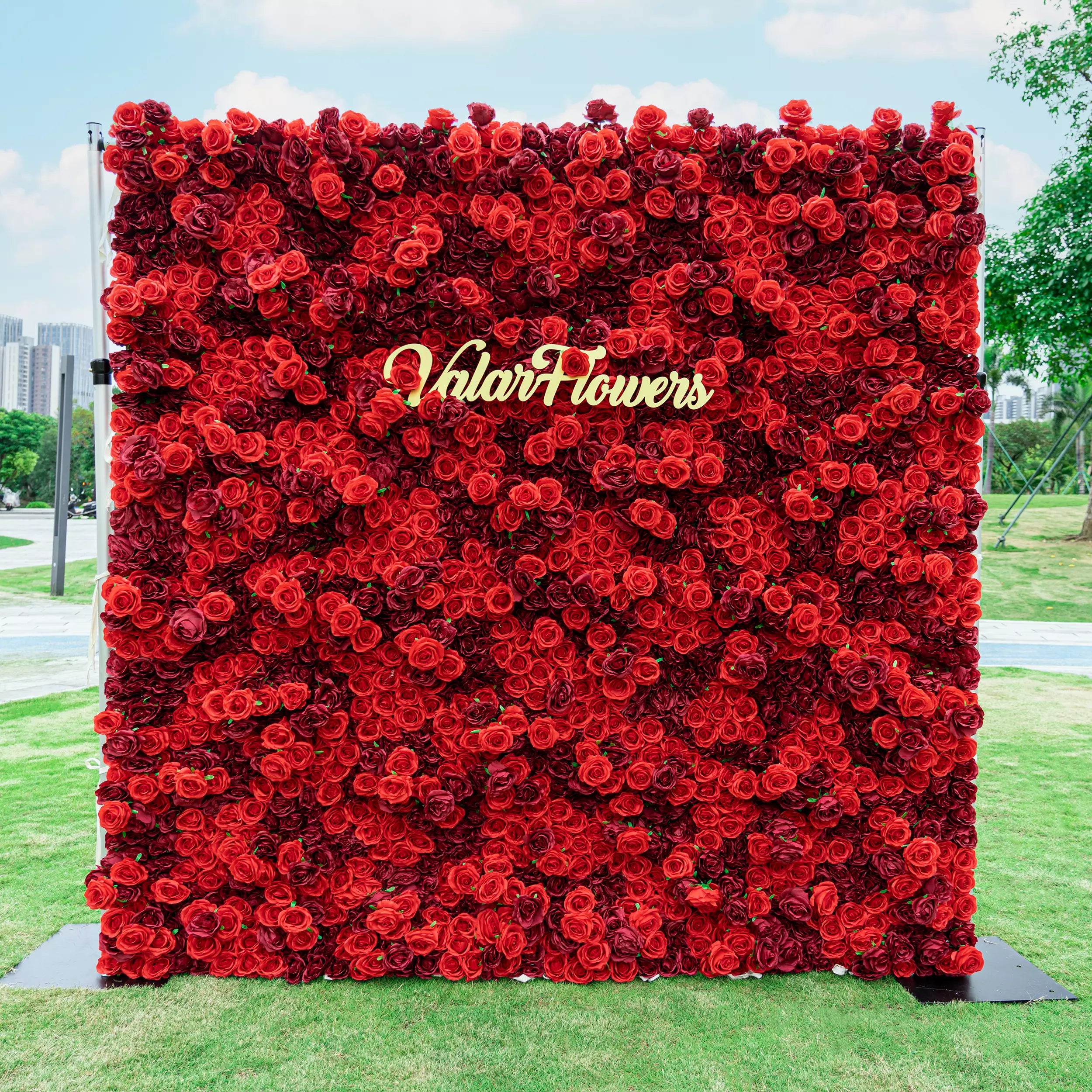 Roll Up Fabric Artificial Flower Wall Crimson Coronation: A Regal Array of Red Roses Radiating Romance and Reverence | VF-172