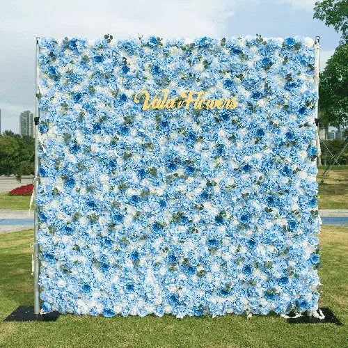 Azure Adoration: An Enchanting Ballet of Mixed Baby Blue and White Green Flower Blooms and Whispering Waves Floral Wall | VF-067