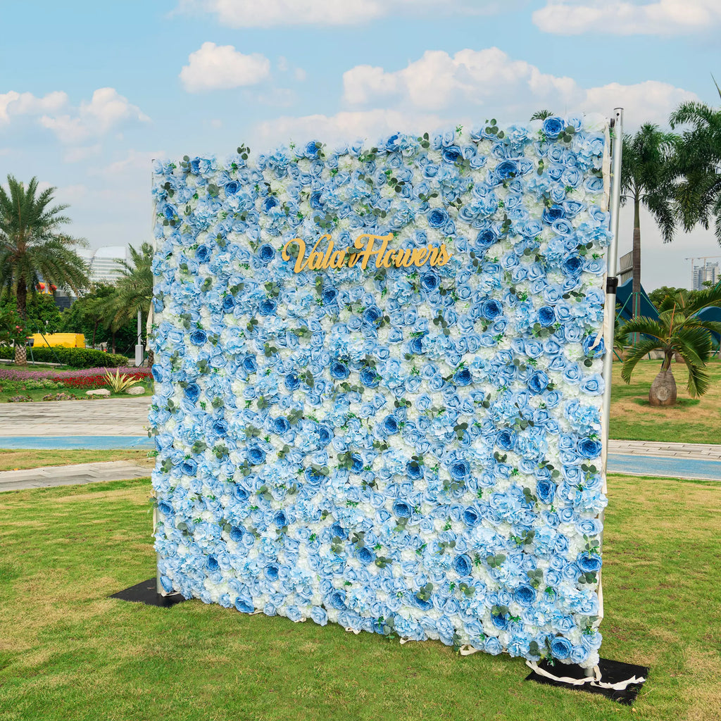 Azure Adoration: An Enchanting Ballet of Mixed Baby Blue and White Green Flower Blooms and Whispering Waves Floral Wall | VF-067