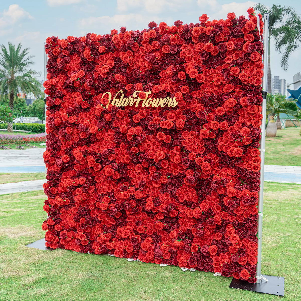 Roll Up Fabric Artificial Flower Wall Crimson Coronation: A Regal Array of Red Roses Radiating Romance and Reverence | VF-172