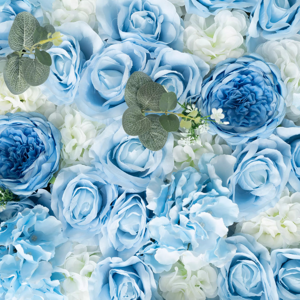 Azure Adoration: An Enchanting Ballet of Mixed Baby Blue and White Green Flower Blooms and Whispering Waves Floral Wall | VF-067