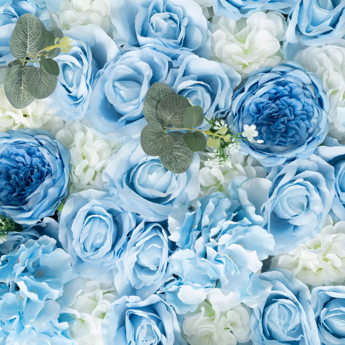 Azure Adoration: An Enchanting Ballet of Mixed Baby Blue and White Green Flower Blooms and Whispering Waves Floral Wall | VF-067