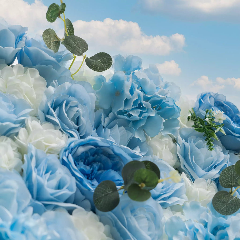 Azure Adoration: An Enchanting Ballet of Mixed Baby Blue and White Green Flower Blooms and Whispering Waves Floral Wall | VF-067
