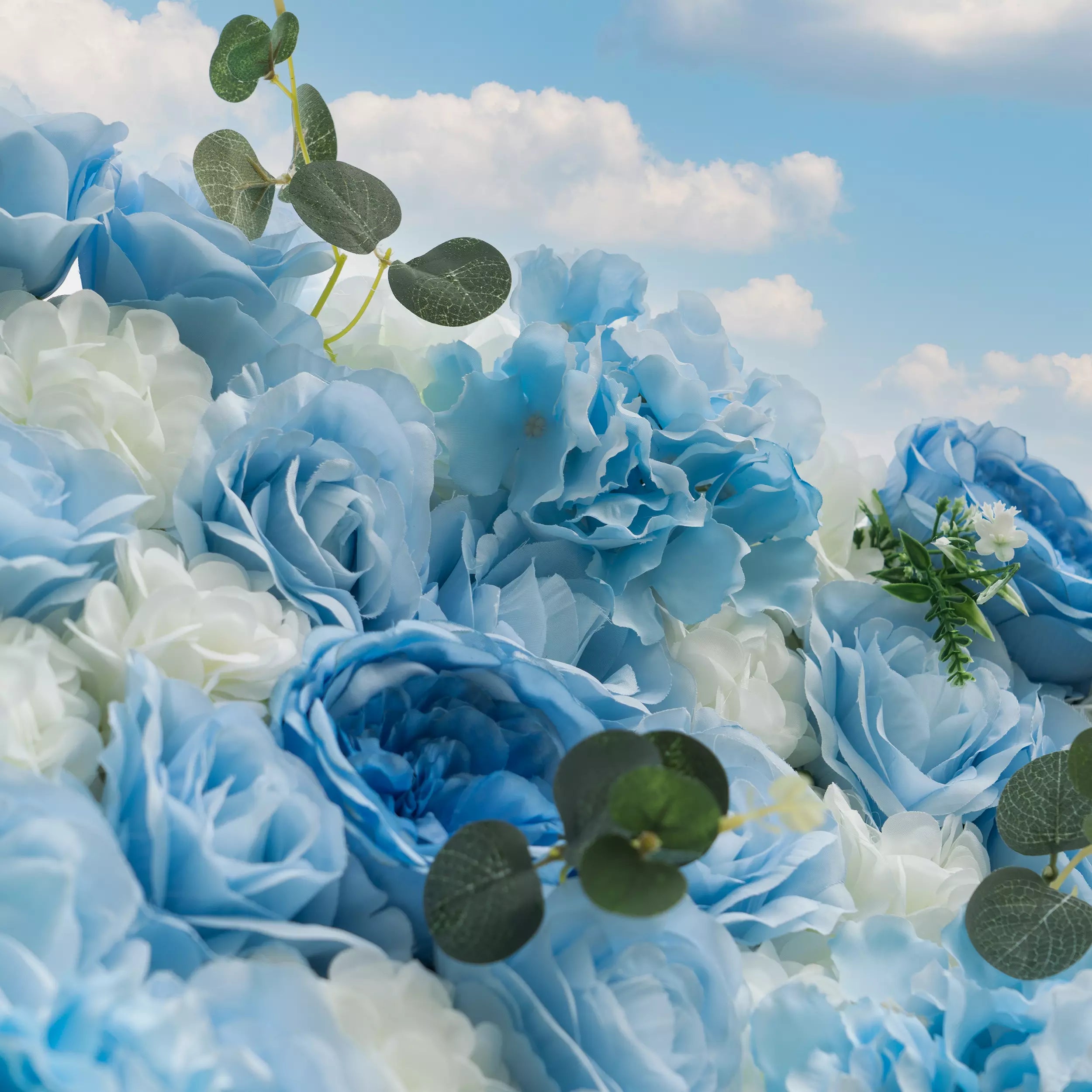 Azure Adoration: An Enchanting Ballet of Mixed Baby Blue and White Green Flower Blooms and Whispering Waves Floral Wall | VF-067