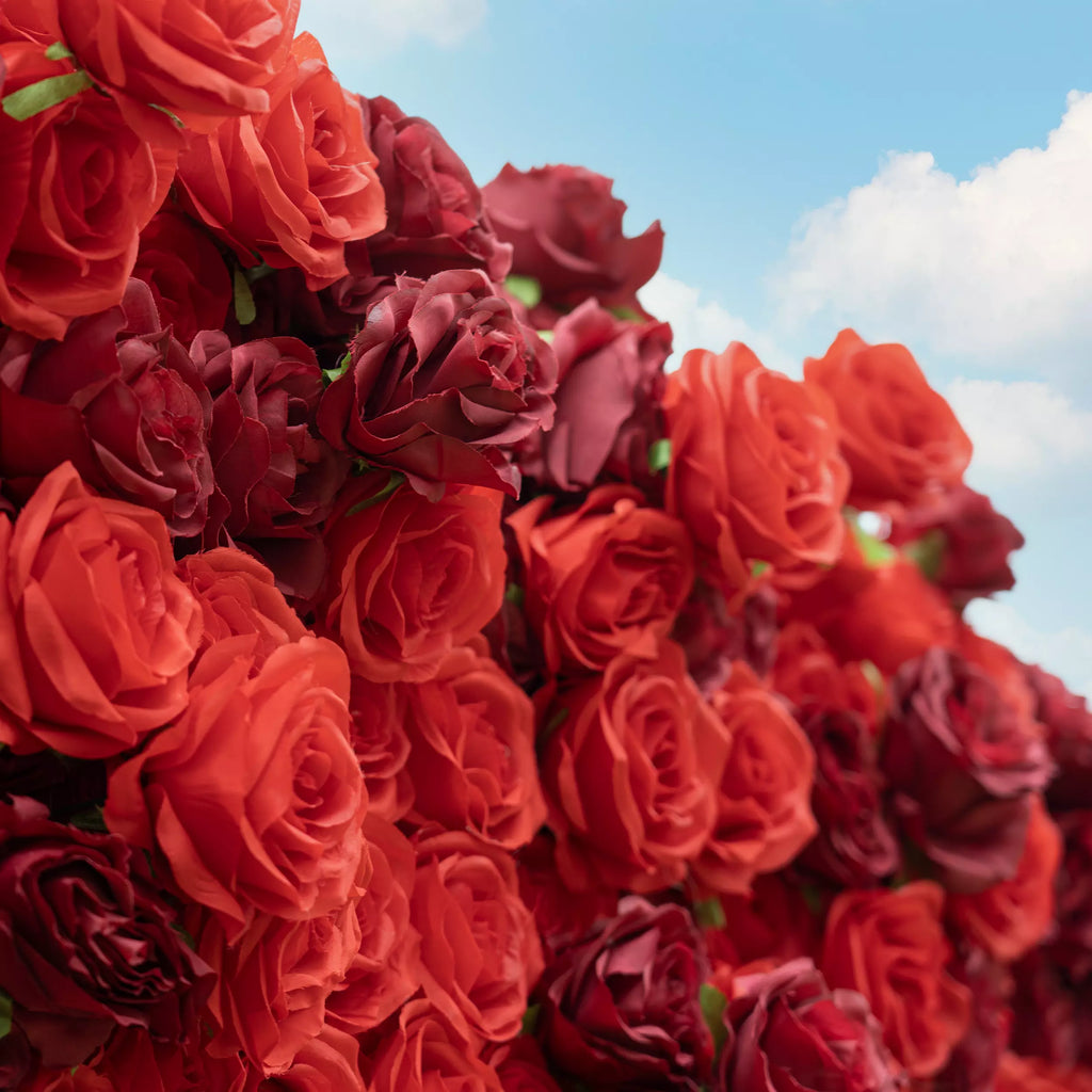Roll Up Fabric Artificial Flower Wall Crimson Coronation: A Regal Array of Red Roses Radiating Romance and Reverence | VF-172
