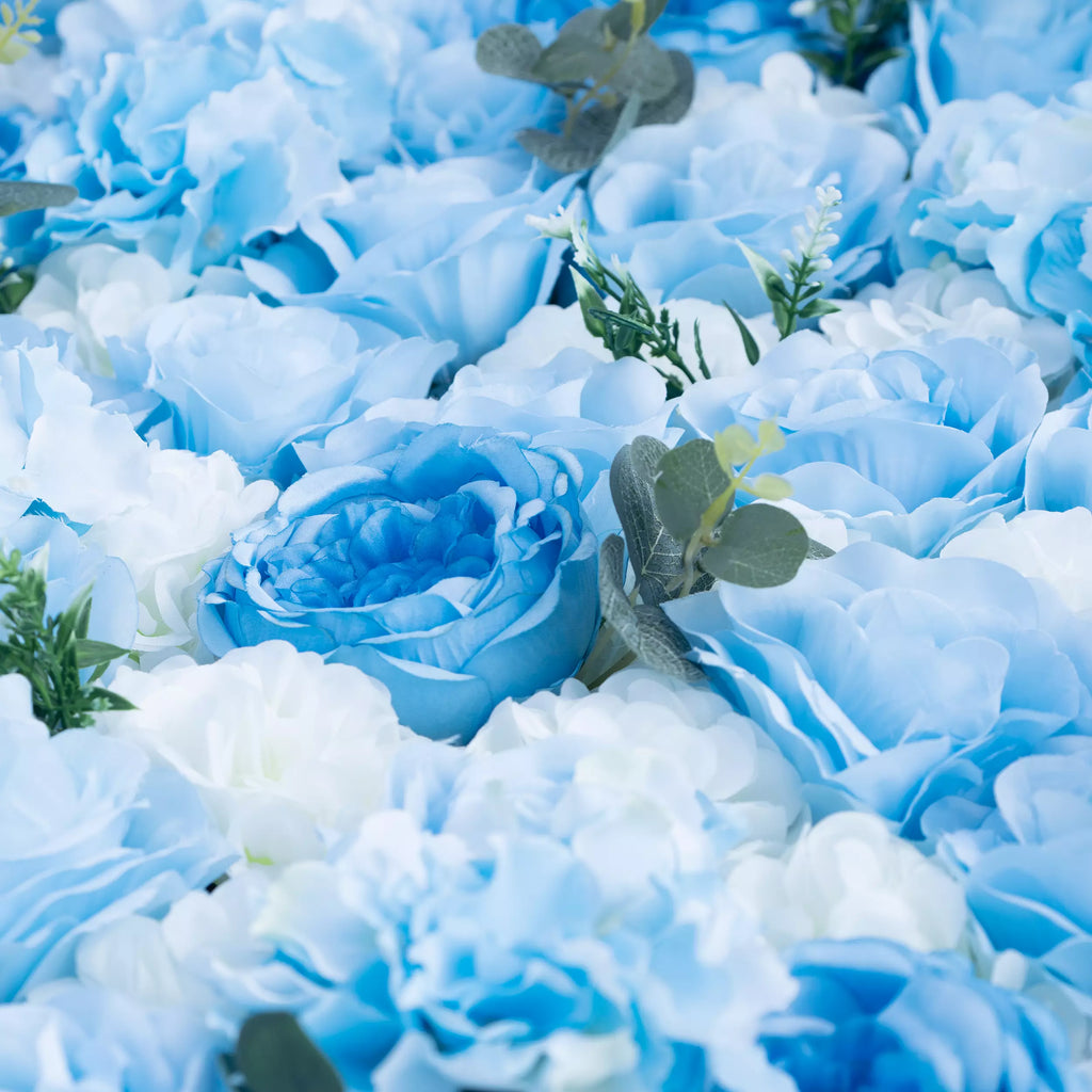 Azure Adoration: An Enchanting Ballet of Mixed Baby Blue and White Green Flower Blooms and Whispering Waves Floral Wall | VF-067