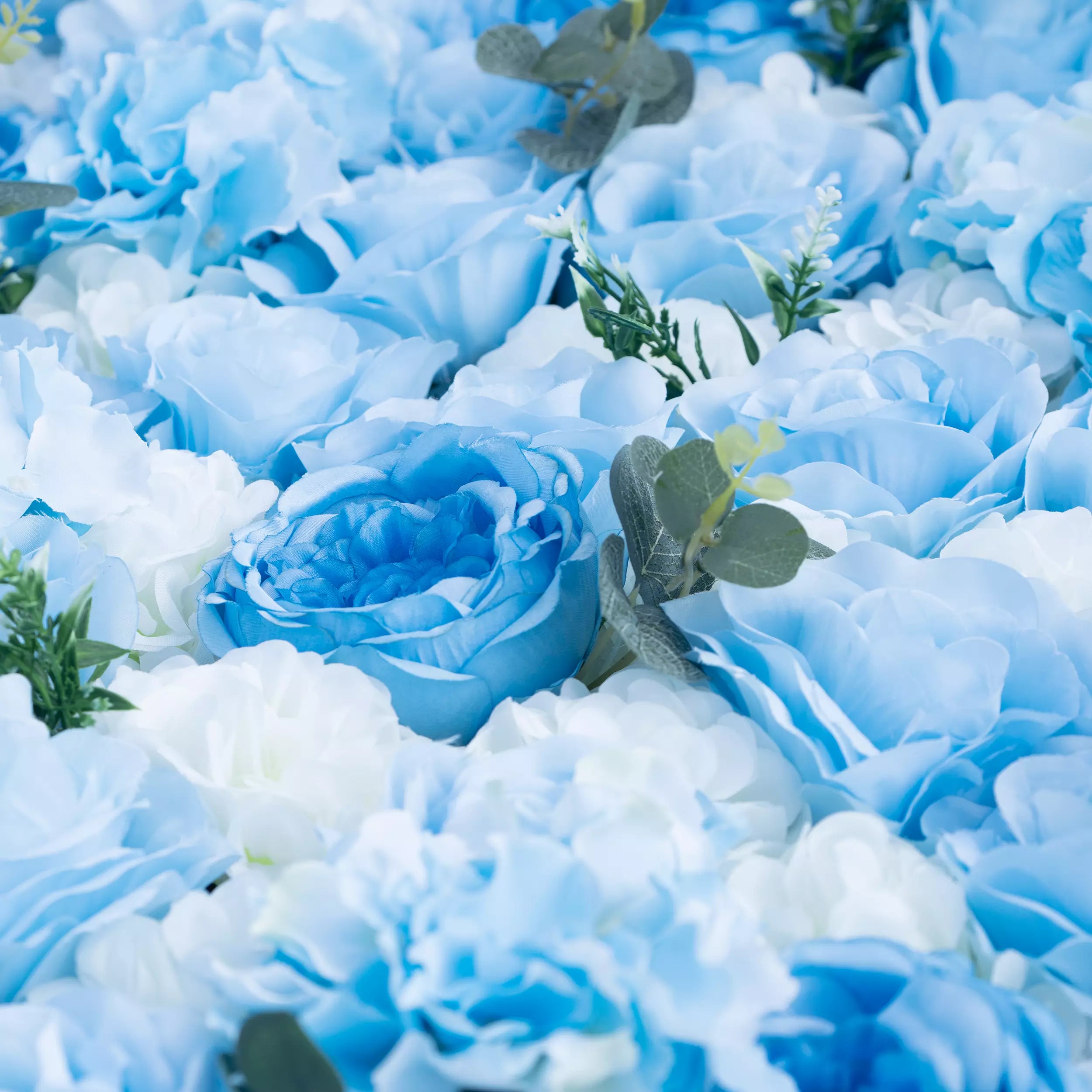 Azure Adoration: An Enchanting Ballet of Mixed Baby Blue and White Green Flower Blooms and Whispering Waves Floral Wall | VF-067