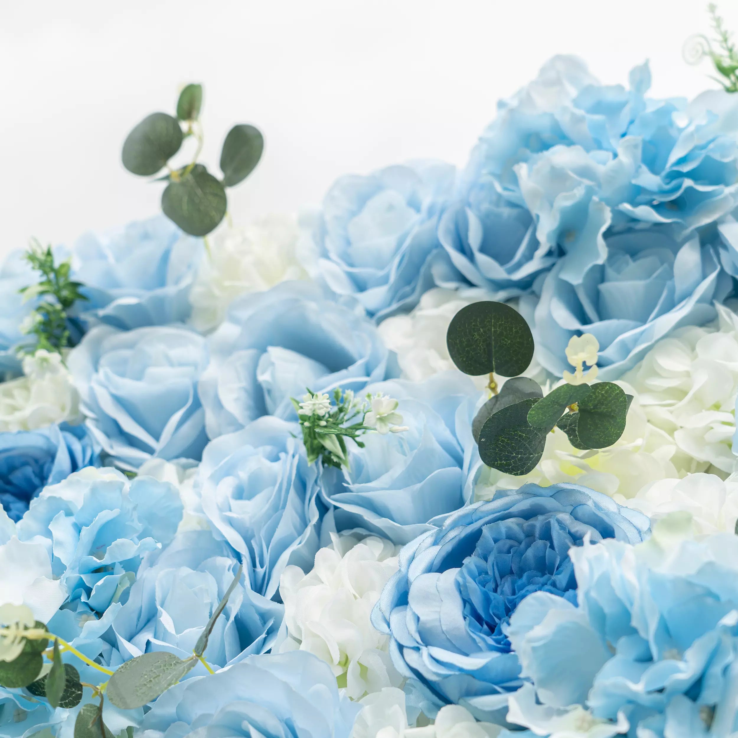 Azure Adoration: An Enchanting Ballet of Mixed Baby Blue and White Green Flower Blooms and Whispering Waves Floral Wall | VF-067