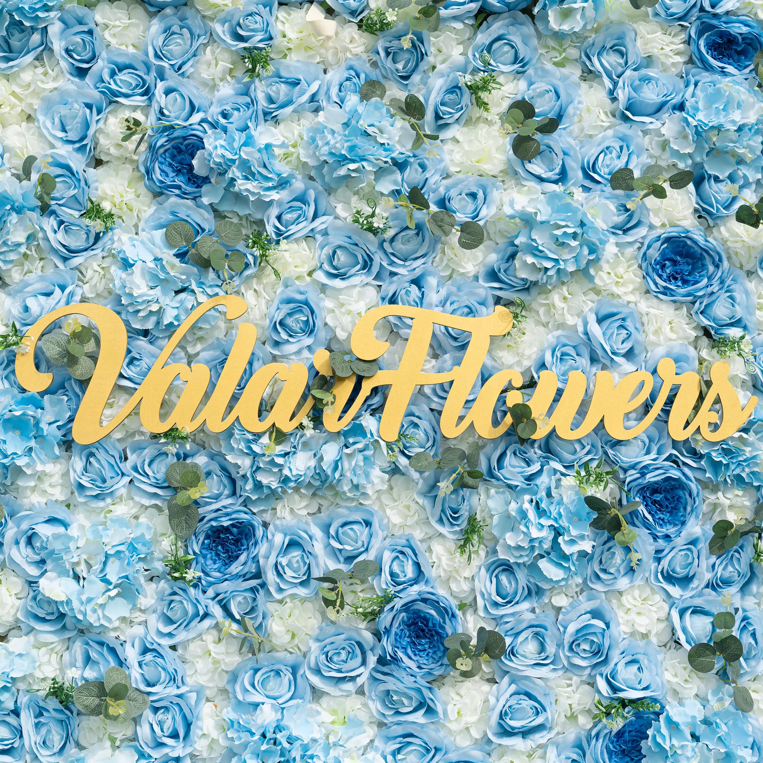 Azure Adoration: An Enchanting Ballet of Mixed Baby Blue and White Green Flower Blooms and Whispering Waves Floral Wall | VF-067