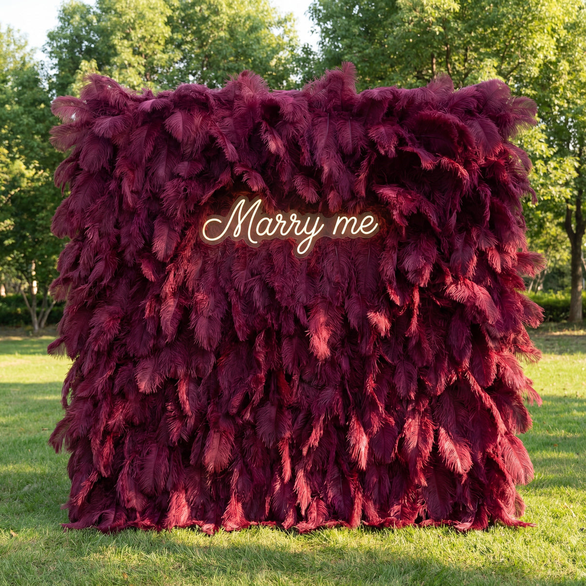 Burgundy Artificial Feather Backdrop: Luxe Plume Display with 7+ Color Options & Custom Services. DIY Photo Booth Decoration | VF-164-BURGUNDY