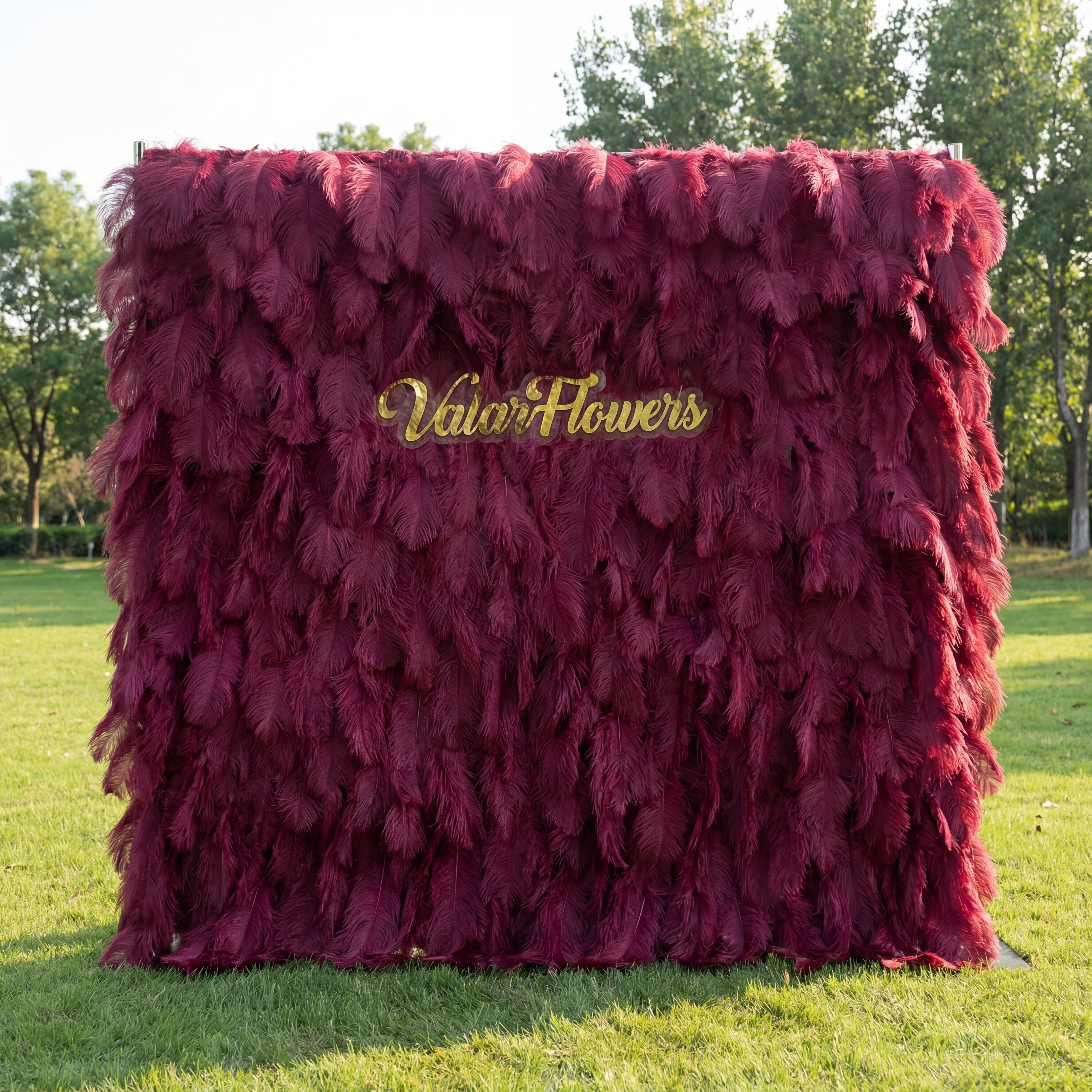 Burgundy Artificial Feather Backdrop: Luxe Plume Display with 7+ Color Options & Custom Services. DIY Photo Booth Decoration | VF-164-BURGUNDY