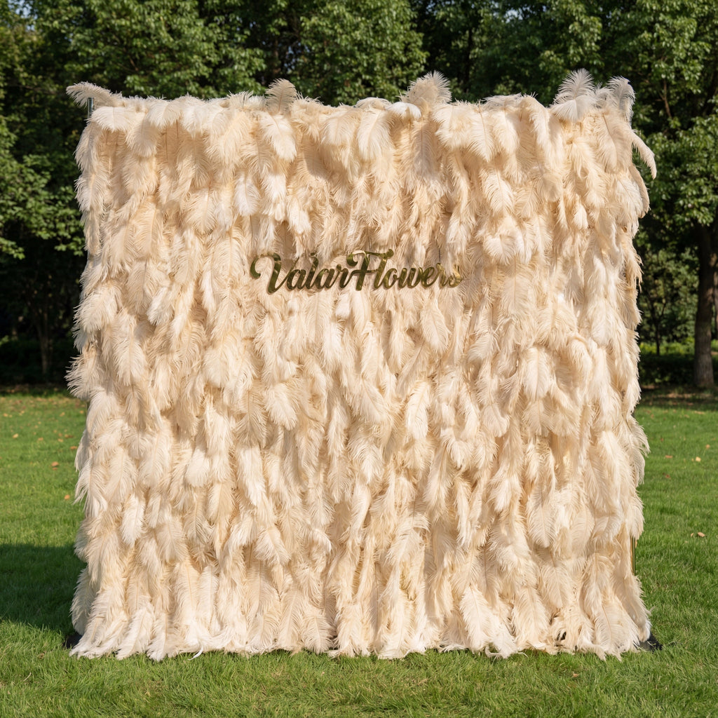 Champagne Artificial Feather Backdrop: Luxe Plume Display with 7+ Color Options & Custom Services. DIY Photo Booth Decoration | VF-164-CHAMPAGNE