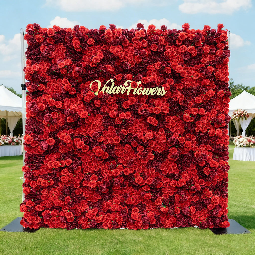 Roll Up Fabric Artificial Flower Wall Crimson Coronation: A Regal Array of Red Roses Radiating Romance and Reverence | VF-172