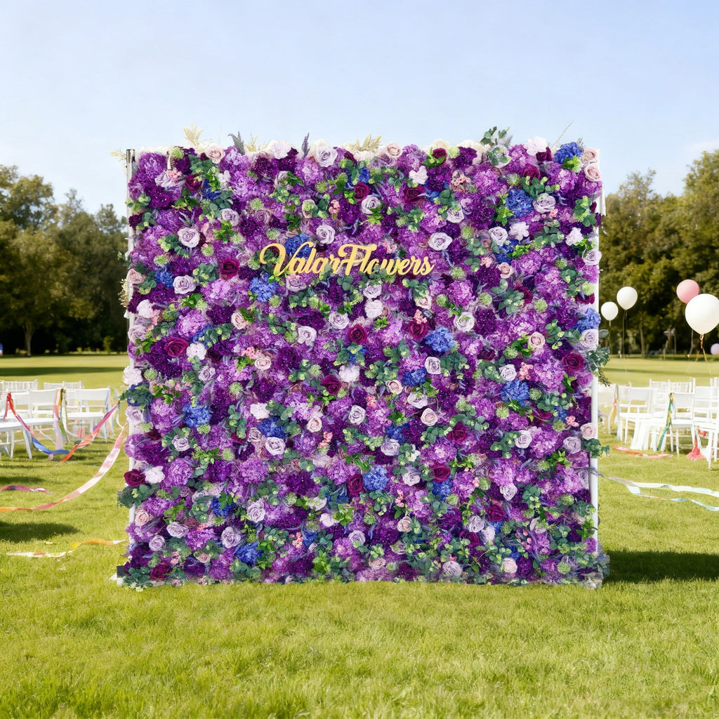 Roll Up Fabric Artificial Purple Flower Wall Wedding Backdrop. Floral Party Decor. Event Photography | VF-192