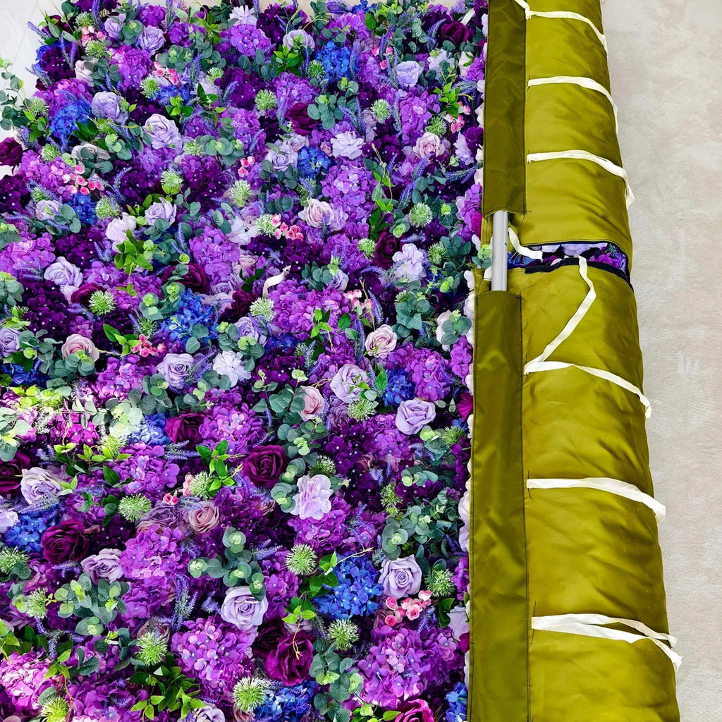 Roll Up Fabric Artificial Purple Flower Wall Wedding Backdrop. Floral Party Decor. Event Photography | VF-192