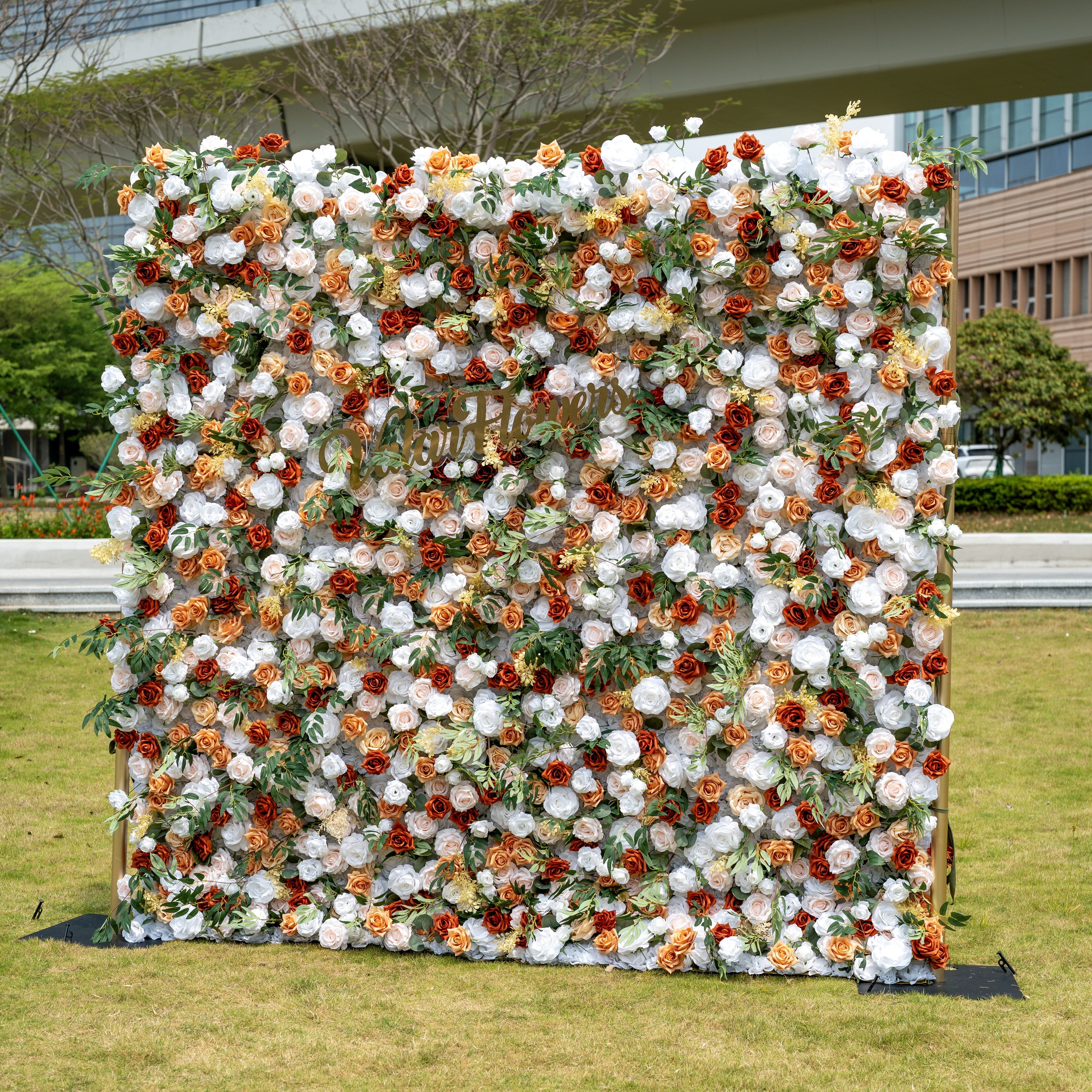 Terracotta & Blush Rose Flower Wall Backdrop: Warm Rustic Bloom Display | VF-831