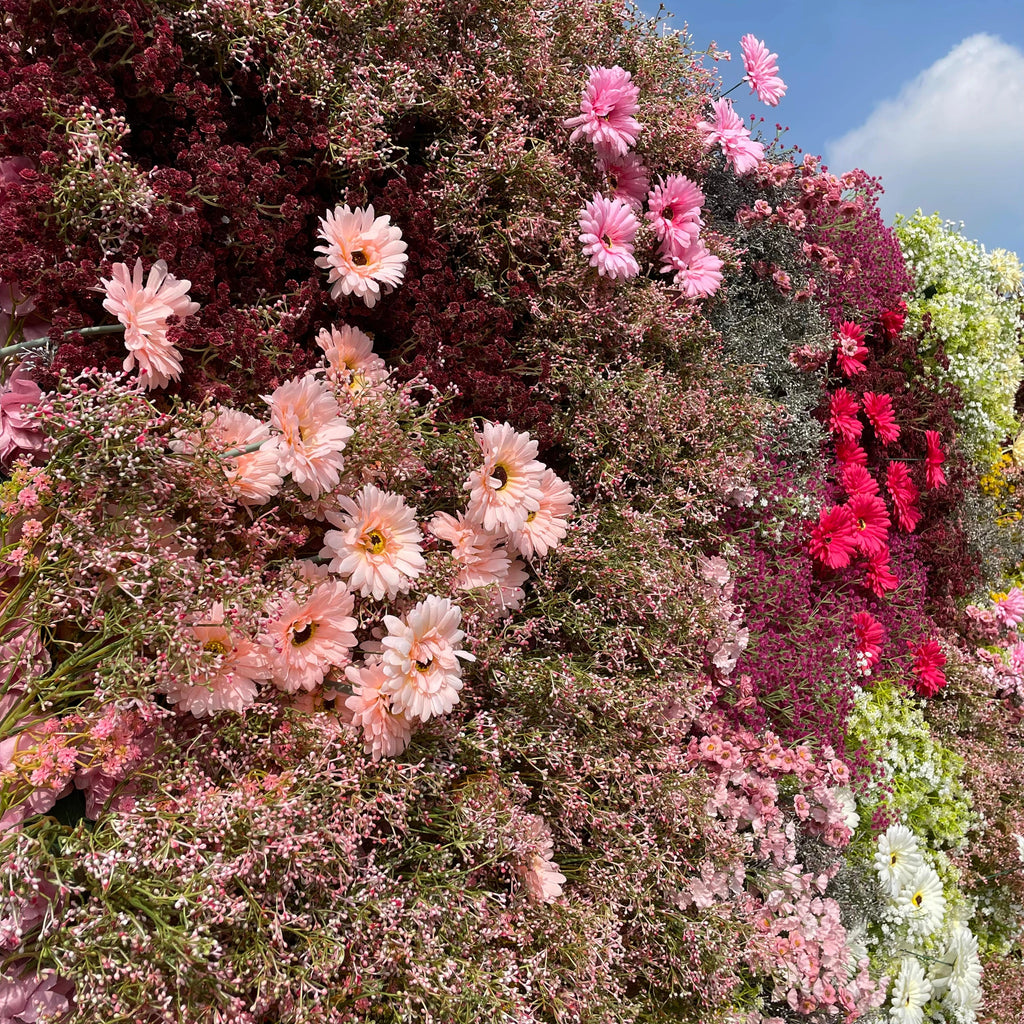 Rose Morning“The flower walls are made of artificial flowers in various colors, layered at different levels to create a lush, elegant and natural look. The exclusive zipper design and roll-up design make it easy to install and remove.”