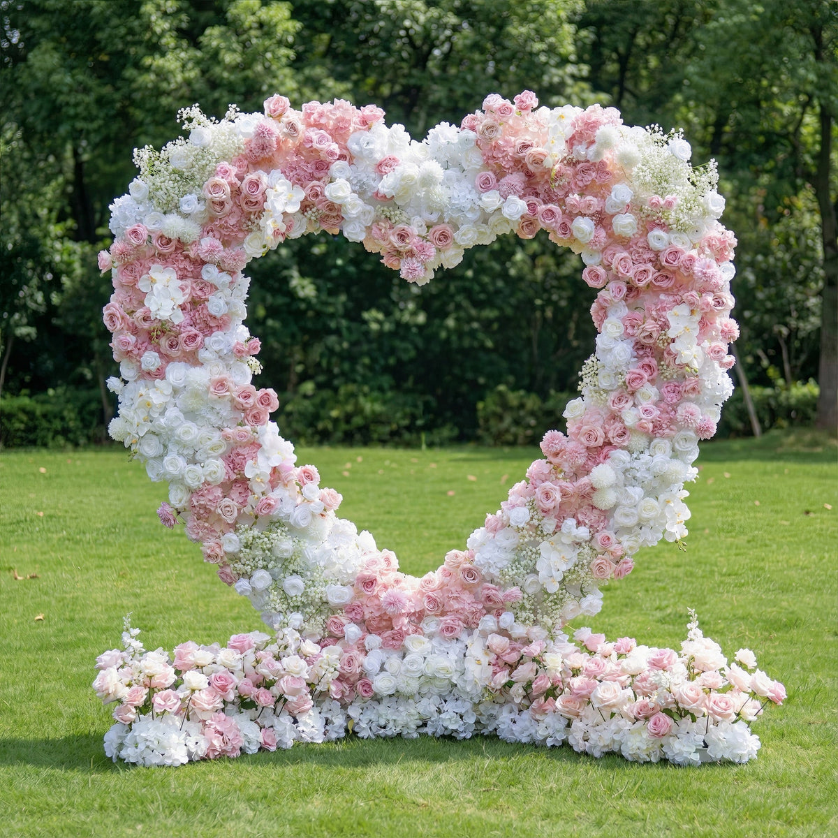 Heart-Shaped Pink & White Floral Arch: Romantic Proposal & Wedding Backdrop | VA-366