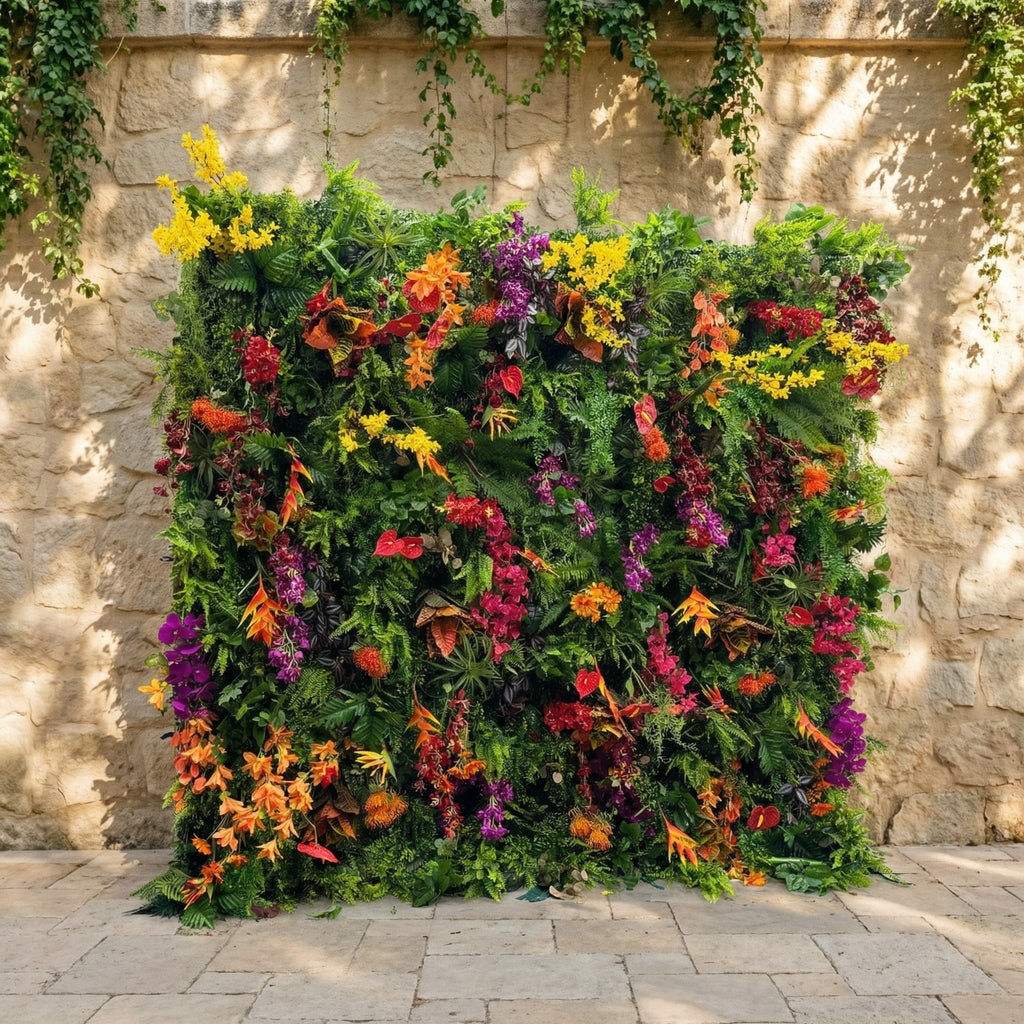 Tropical Rainforest Mixed-Bloom Flower Wall Backdrop: Lush Exotic Floral & Foliage Display | VF-835