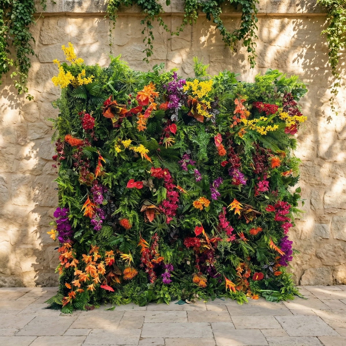 Tropical Rainforest Mixed-Bloom Flower Wall Backdrop: Lush Exotic Floral & Foliage Display | VF-835