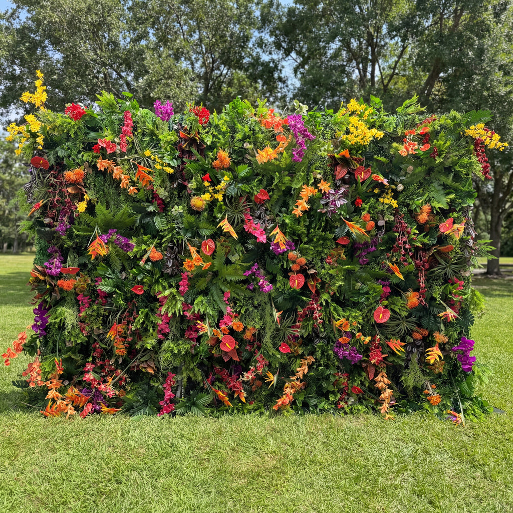 Tropical Rainforest Mixed-Bloom Flower Wall Backdrop: Lush Exotic Floral & Foliage Display | VF-835