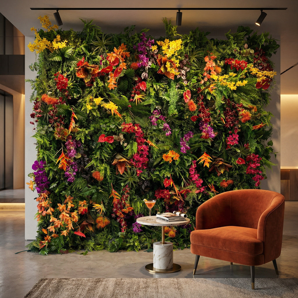 Tropical Rainforest Mixed-Bloom Flower Wall Backdrop: Lush Exotic Floral & Foliage Display | VF-835