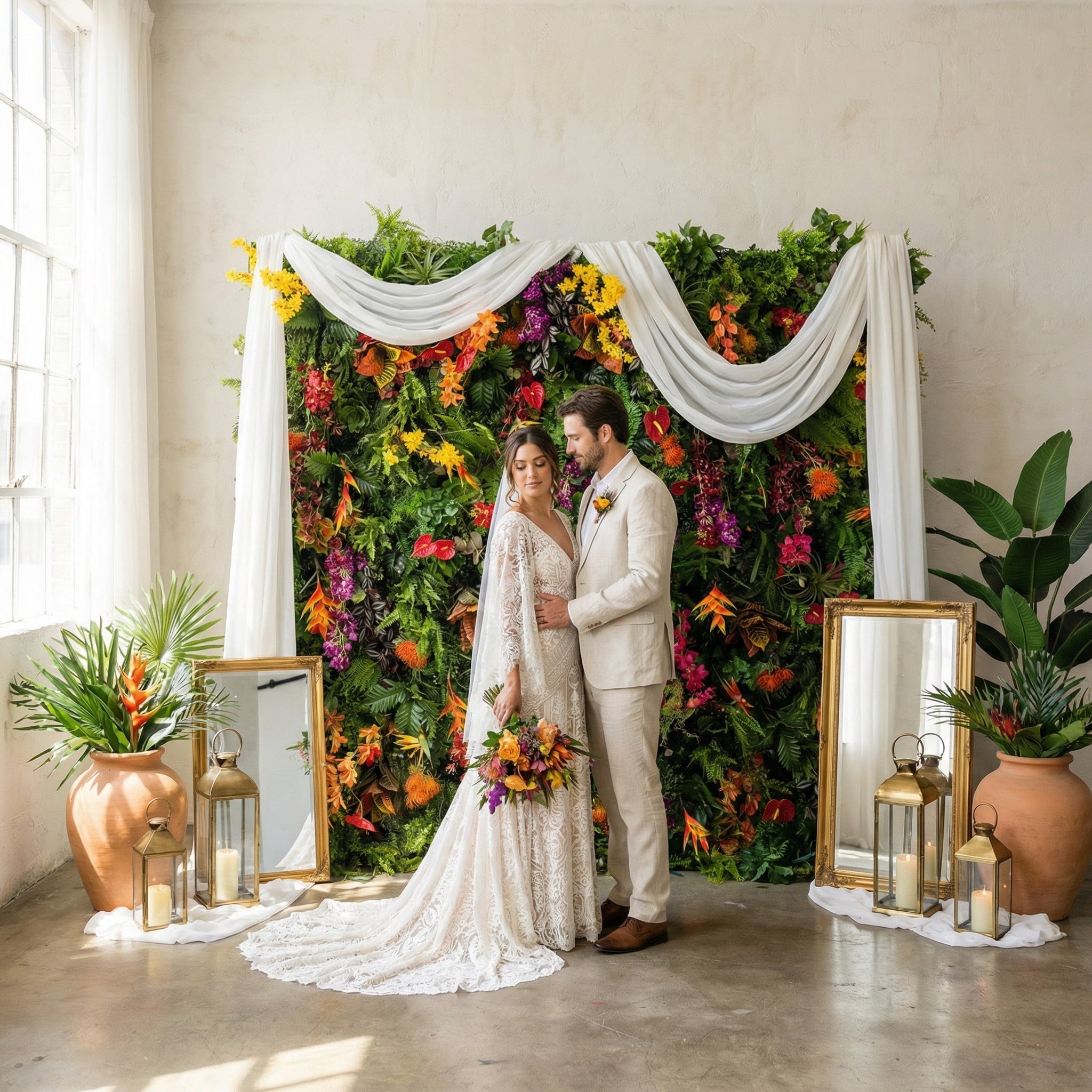 Tropical Rainforest Mixed-Bloom Flower Wall Backdrop: Lush Exotic Floral & Foliage Display | VF-835