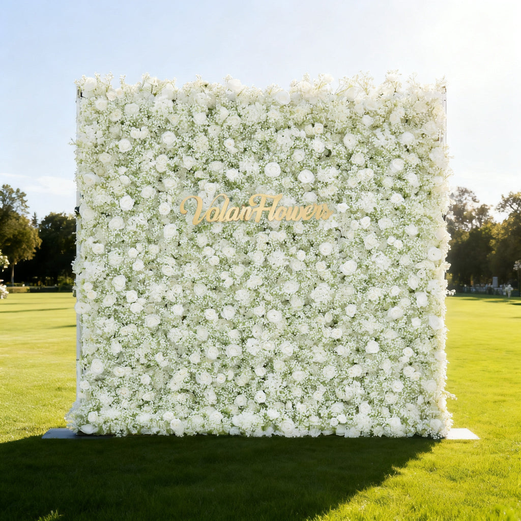Artificial Floral Wall Backdrop: Serene Meadows Artificial Floral Wall Backdrop: White Rose & Baby's Breath Edition | VF-268-2