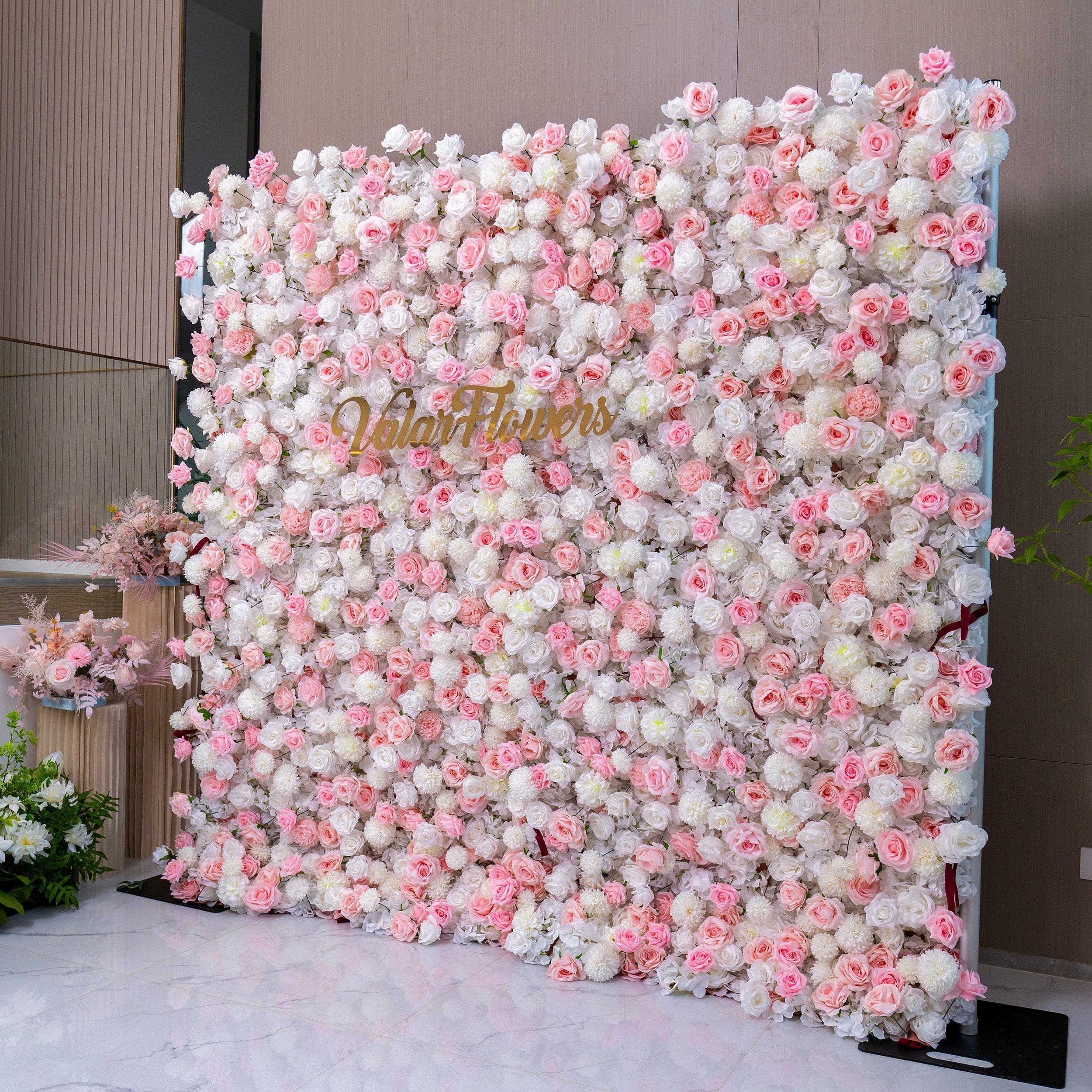 ' Exquisite Flower Wall: A Blend of Elegance and Durability with Soft Pink and White Artificial Blooms. Ideal for Weddings and Events. Easy Setup | VF-409