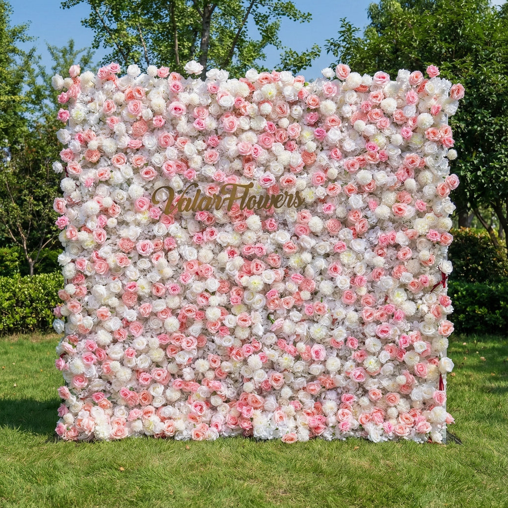 ' Exquisite Flower Wall: A Blend of Elegance and Durability with Soft Pink and White Artificial Blooms. Ideal for Weddings and Events. Easy Setup | VF-409