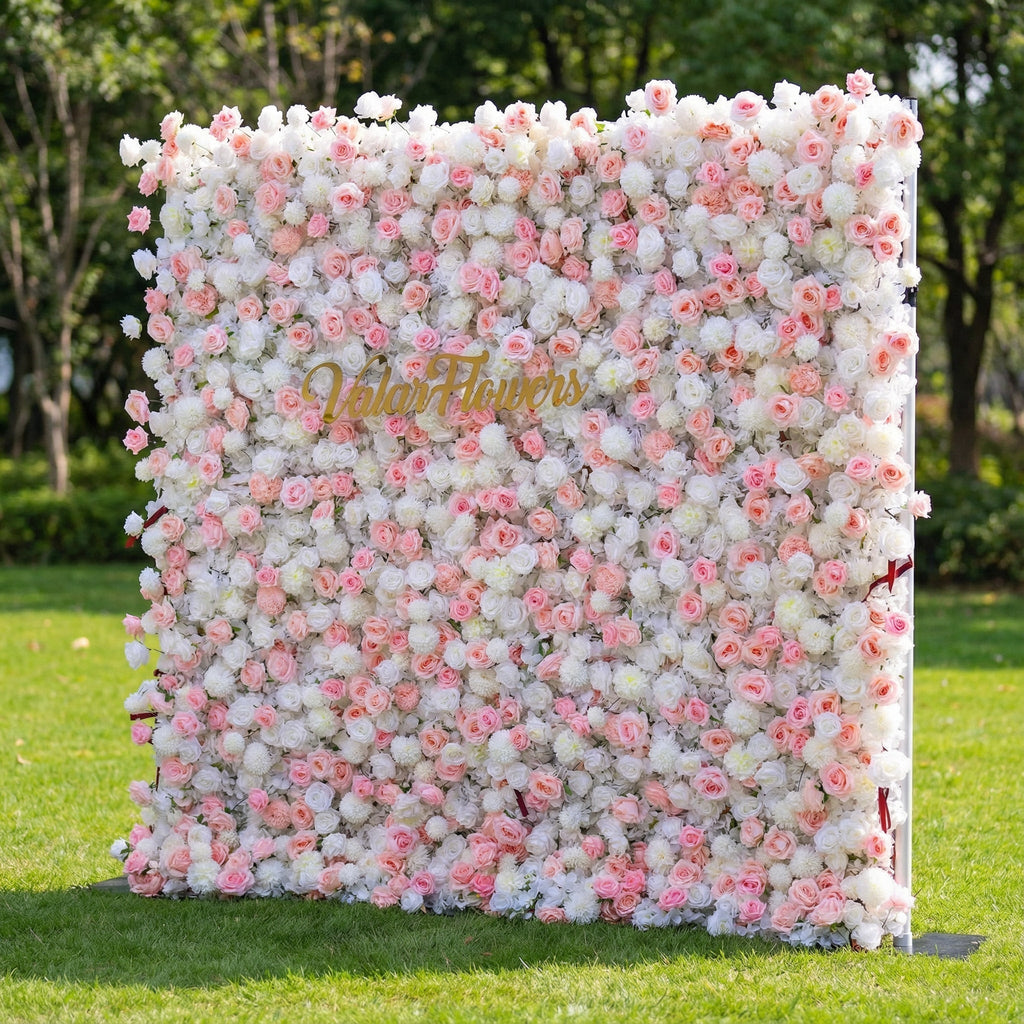 ' Exquisite Flower Wall: A Blend of Elegance and Durability with Soft Pink and White Artificial Blooms. Ideal for Weddings and Events. Easy Setup | VF-409