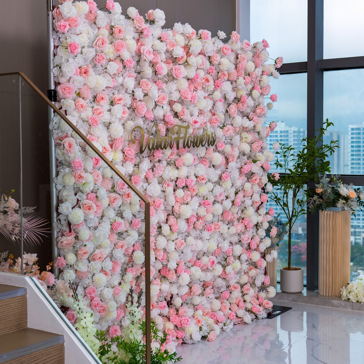 ' Exquisite Flower Wall: A Blend of Elegance and Durability with Soft Pink and White Artificial Blooms. Ideal for Weddings and Events. Easy Setup | VF-409