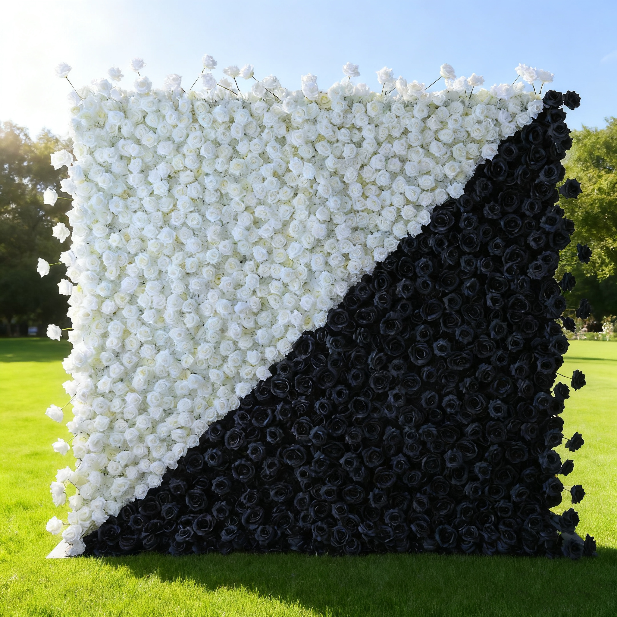 Dramatic Diagonal Split Black and White Artificial Floral Roll - Up Fabric Backdrop: A Must - Have for Prom. Graduation Party. and Event Photography | VF-554