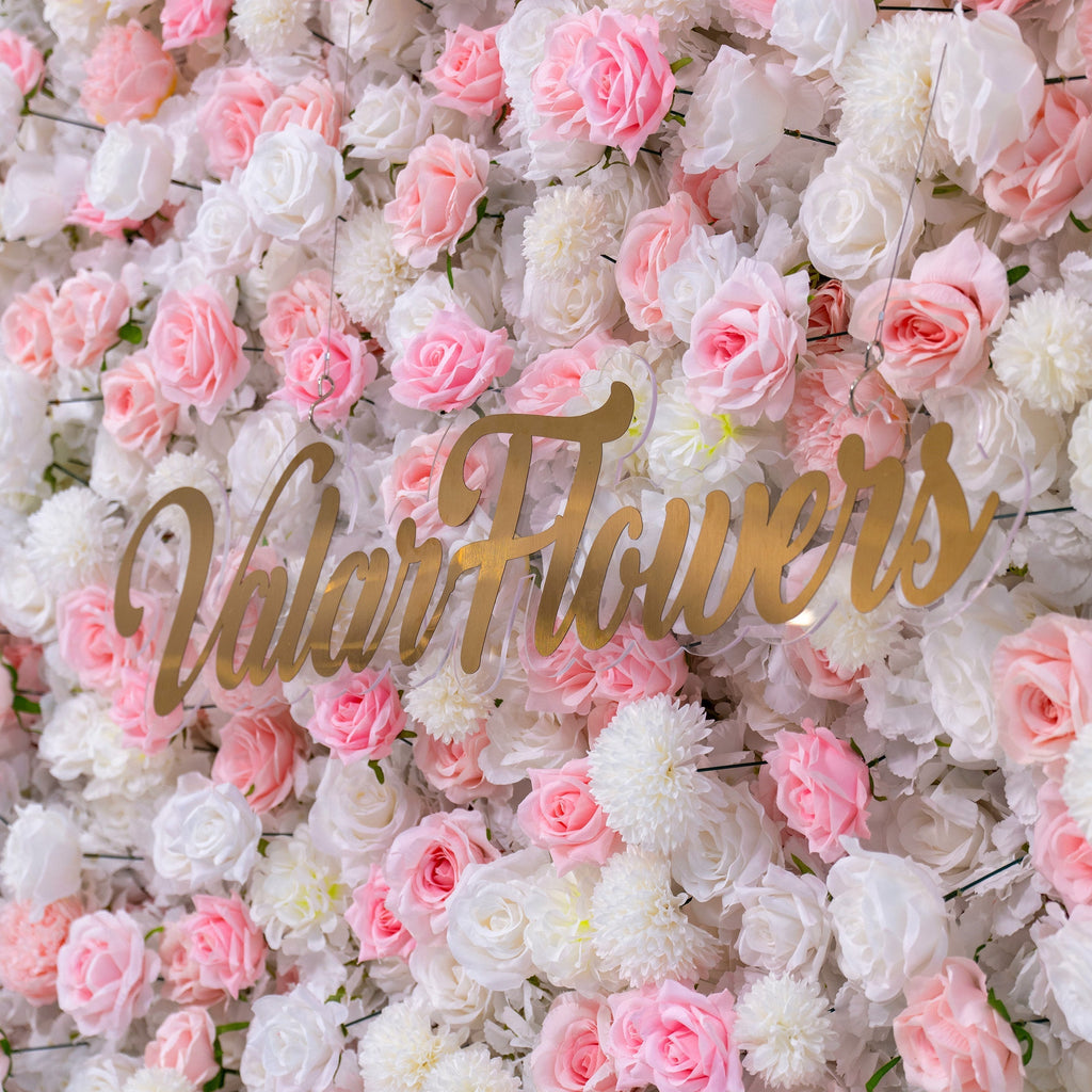 ' Exquisite Flower Wall: A Blend of Elegance and Durability with Soft Pink and White Artificial Blooms. Ideal for Weddings and Events. Easy Setup | VF-409