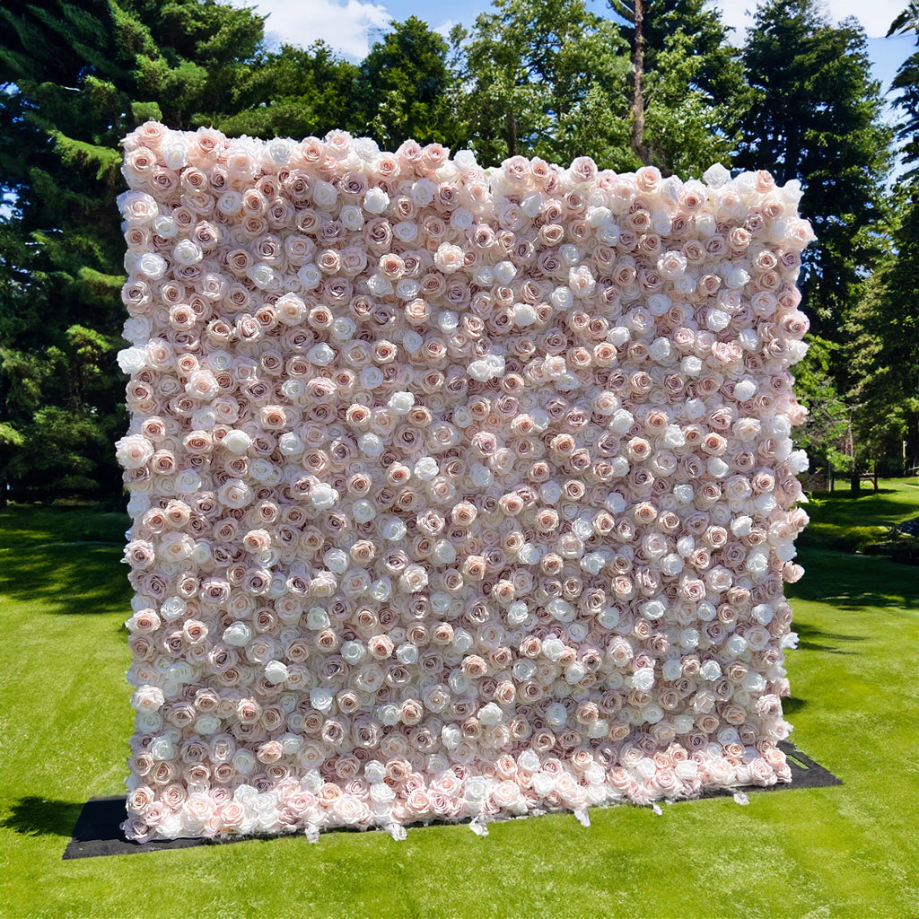 Elegant White & Light Pink Flower Wall Backdrop - Roll-Up Fabric Wall - Bridal Party Decor - Wedding Venues Celebration Floral Wall | VF-600